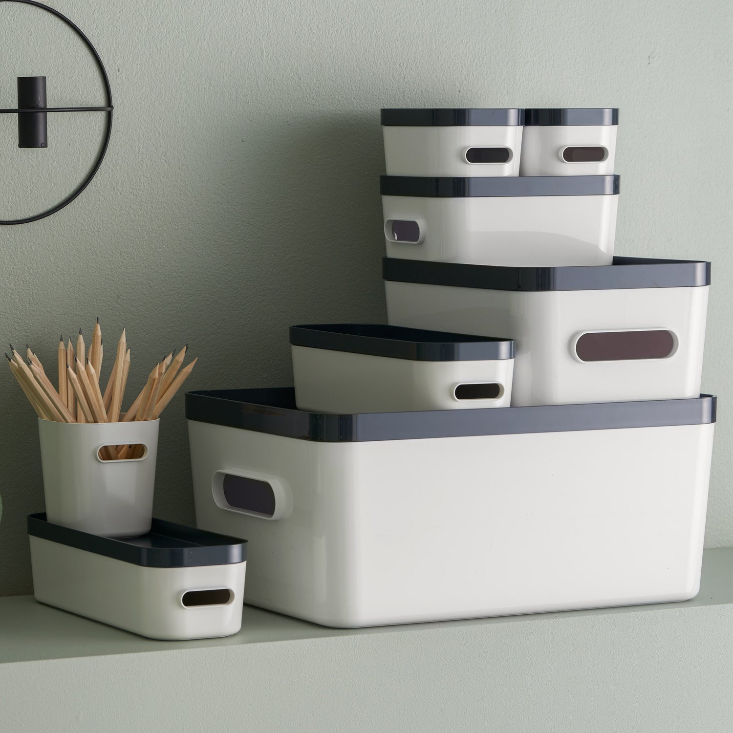 Large Stacking Lidded Storage Box White Grey