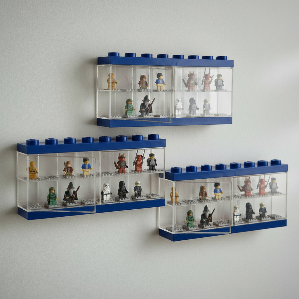Red LEGO display shelves with transparent sides holding various LEGO figures against a white wall.