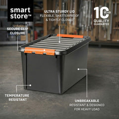 Black storage bin with orange clips on a concrete floor, featuring smart store branding and product features.