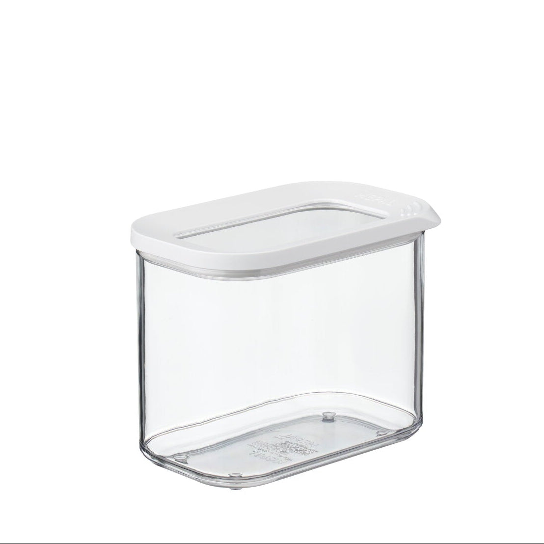 Clear storage container with a white lid on a white background