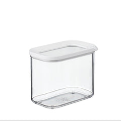 Clear storage container with a white lid on a white background