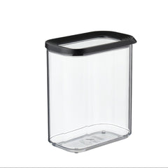 Clear storage container with black lid on a white background