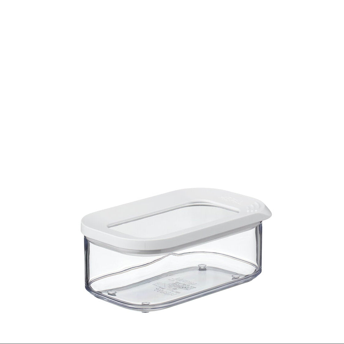 A clear plastic food storage container with a white lid, shown on a plain white background.