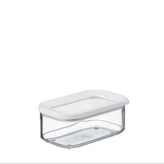 A clear plastic food storage container with a white lid, shown on a plain white background.