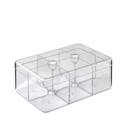 Clear plastic organizer with compartments on a white background