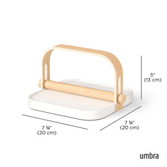 White soap dish with wooden holder and dimensions labeled, featuring the Umbra brand.
